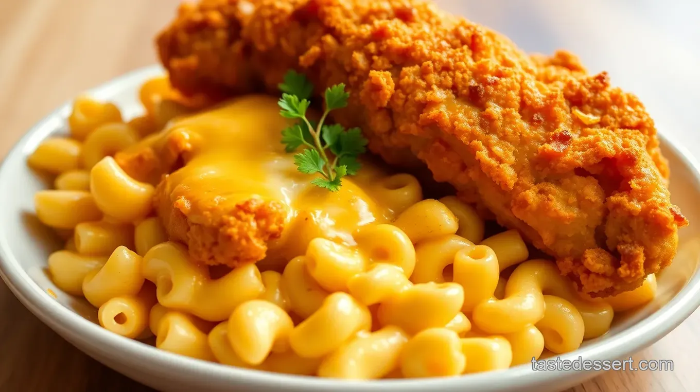 Sliced Fried Chicken on Mac and Cheese