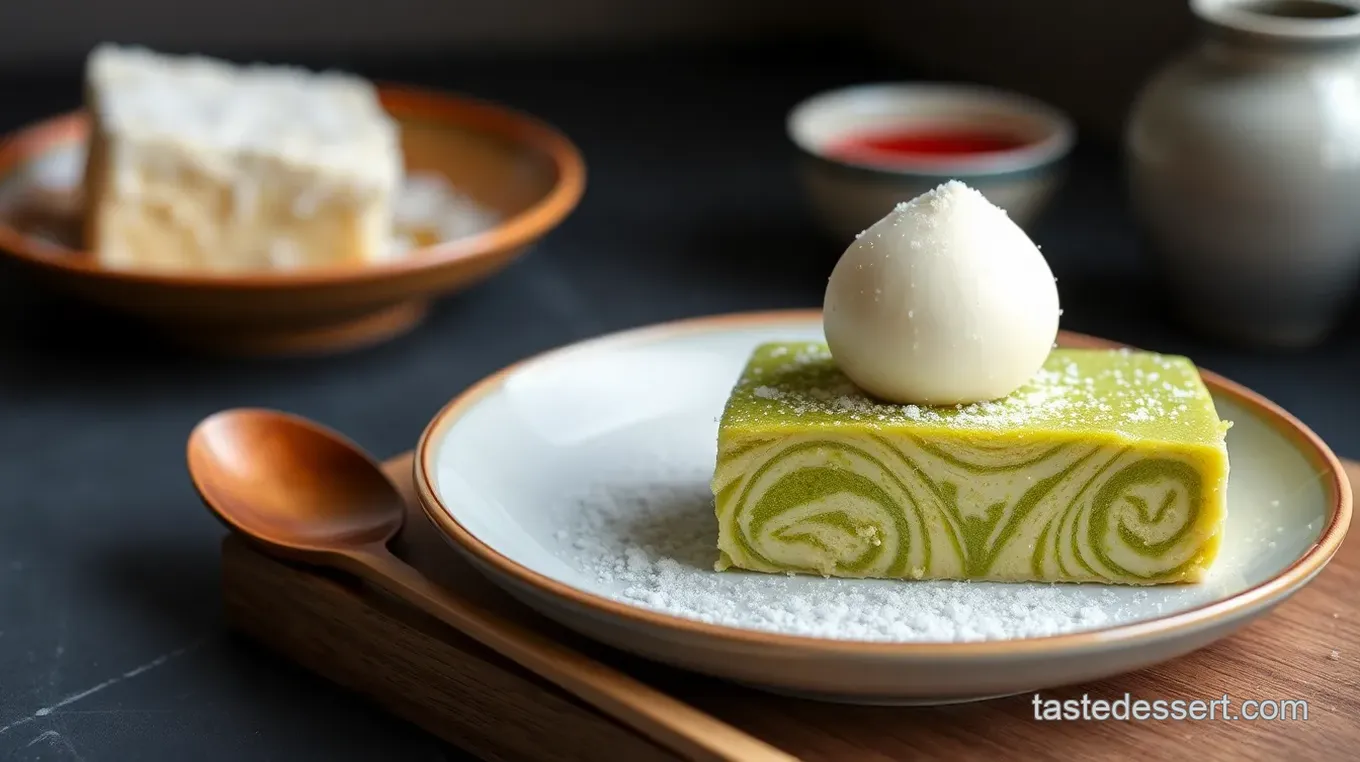 Japanese Dessert Plate with Matcha Mochi, Yuzu Cheesecake, and Anko