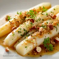 White Asparagus Poached with Hazelnut Brown Butter Vinaigrette