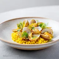 Fregola Pasta Dish: Saffron Clams Lemon
