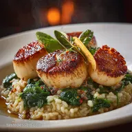 Gourmet Seared Scallops with Risotto and Spinach