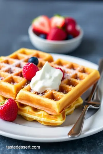 Decadent Belgian Waffles with Whipped Cream and Seasonal Berries presentation