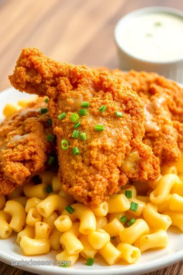 Sliced Fried Chicken on Mac and Cheese presentation