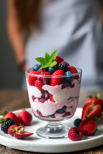 Elegant Layered Berry Mousse on a Glass Dome Dessert Stand presentation