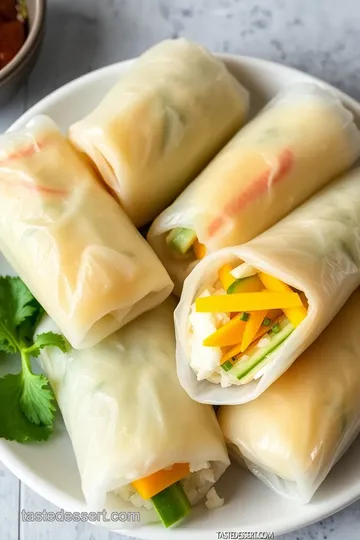 Coconut Mango Rice Paper Rolls with Sweet Coconut Sauce presentation