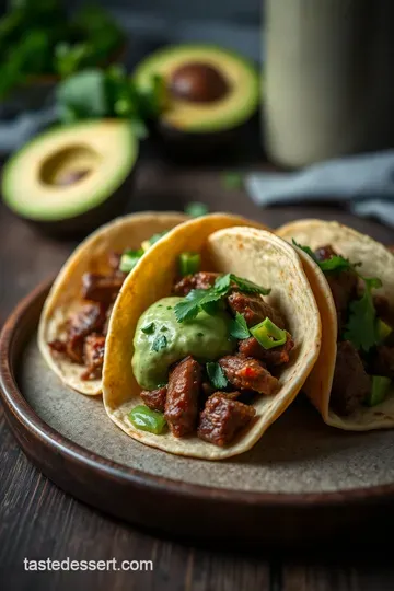 Sizzling Beef Flap Meat Tacos with Avocado-Cilantro Sauce presentation
