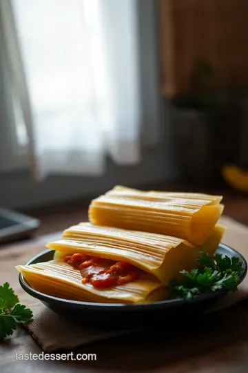 Traditional Hispanic Tamales with Pork and Red Chili Sauce presentation