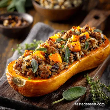 Stuffed Butternut Squash Hearty Sausage Wild Rice and Sage Main Recipe Card