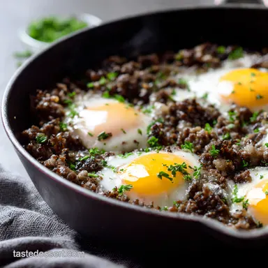 Ground Beef Eggs Skillet OnePan Breakfast Bliss Recipe Card