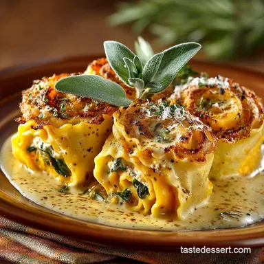 Creamy Butternut Squash Lasagna Rolls with Sage Brown Butter Sauce Recipe Card