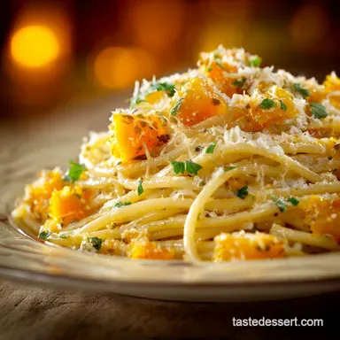 Spaghetti with Butternut Squash Leek Parmesan Sauc: Creamy Autumn Dinner Recipe Card