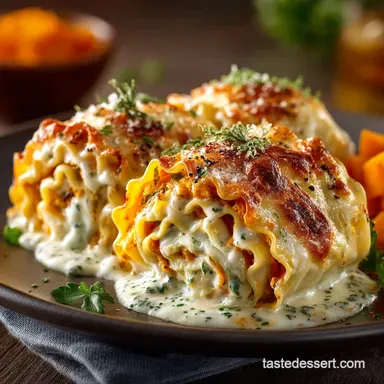 Easy Butternut Squash Lasagna Roll Ups with White Sauce Recipe Card