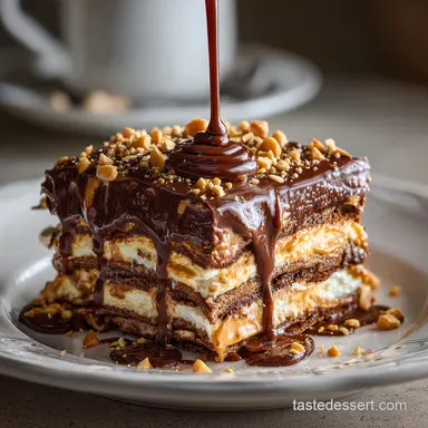 Chocolate Peanut Butter Lasagna No-Bake Recipe Card
