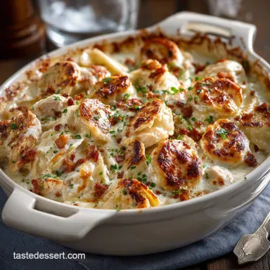 Ultimate Chicken Alfredo Pierogi Casserole Rich Comfort Dinner Recipe Card