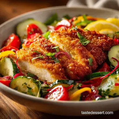 Air Fryer Chicken Milanese and Zesty Mediterranean Salad Recipe Card