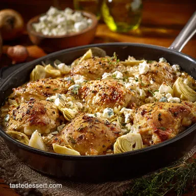 Chicken Thighs with Artichoke Hearts and Feta Chee Easy Skillet Recipe Recipe Card