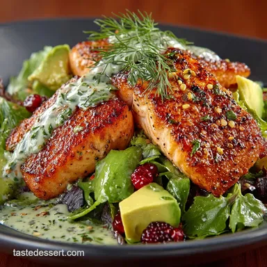Crispy Seared Salmon Avocado Salad with Zesty LemonDill Vinaigrette Recipe Card