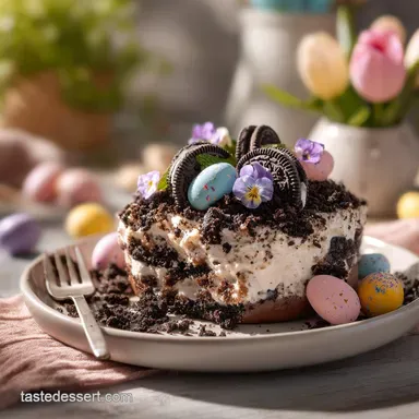 Easter Dirt Cake with Chocolate Cookie Base for 12 Servings Recipe Card