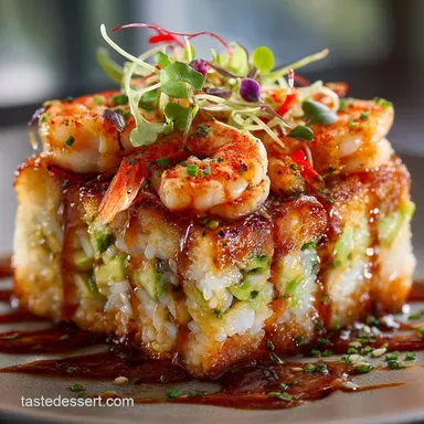 FussFree Spicy California Shrimp Stack Sushi Cake Perfect Starter Recipe Card