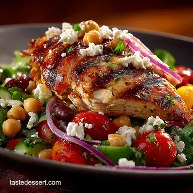 Bright Chickpea Grilled Chicken Salad with Feta Easy Greek Recipe Recipe Card