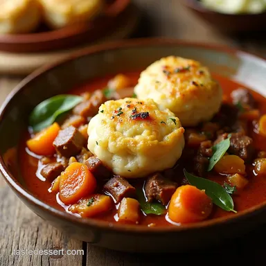 Hearty Lamb Casserole Root Veggies Cheesy Dumplings Recipe Card
