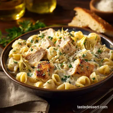 OnePot Chicken and Artichoke Cavatappi: Creamy Weeknight Dinner Recipe Card