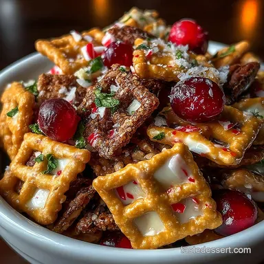 Easy NoBake Festive Peppermint Crunch Snack Mix Recipe Card