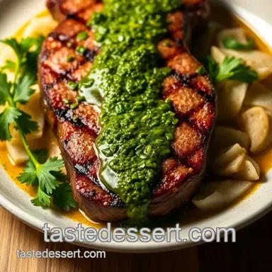 Perfectly Grilled Ribeye Steak with Chimichurri Sauce presentation