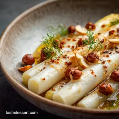White Asparagus Poached with Hazelnut Brown Butter Vinaigrette Recipe Card