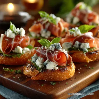 Easy Summer Nibbles Melon Blue Cheese Prosciutto and Basil Canapés Recipe Card