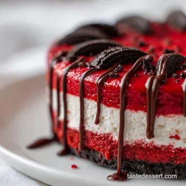 Red Velvet Oreo Cheesecake Recipe with Drizzle Recipe Card