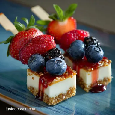 Red White and Blue Fruit Skewers with Cheesecake Y: No-Bake, Easy Summer Dessert Recipe Card
