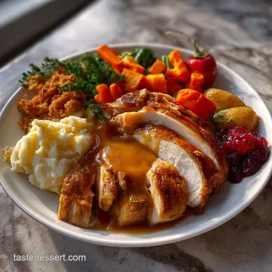 Thanksgiving Dinner Plate with Roasted Turkey and Gravy Recipe Card