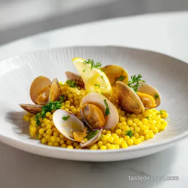 Fregola Pasta Dish: Saffron Clams Lemon Recipe Card