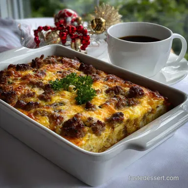Christmas Morning Breakfast Idea with Sausage and Egg Casserole Recipe Card