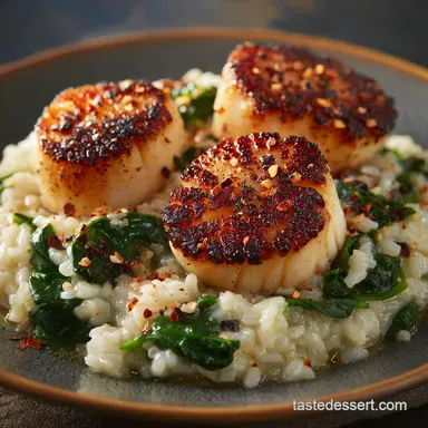 Gourmet Seared Scallops with Risotto and Spinach Recipe Card