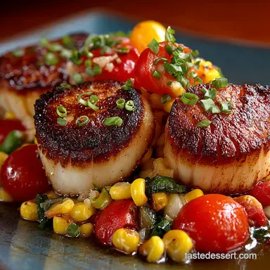 Flawless Seared Scallops with Corn and Tomatoes Summer Succotash Recipe Card