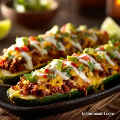 Taco Stuffed Zucchini Boats: Easy Low Carb Cheesy Dinner Recipe Card