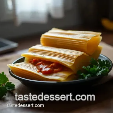 Traditional Hispanic Tamales with Pork and Red Chili Sauce presentation