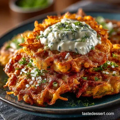 Crispy Waffle Iron Veggie Latkes with Herbed Cr&egrave;me Fra&icirc;che Recipe Card