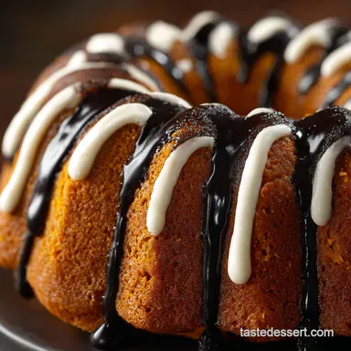 Halloween Bundt Cake: Spiced Pumpkin, Cream Cheese Swirl Black Glaze Recipe Card