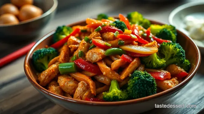 Spicy Hunan Chicken Stir-Fry with Peppers and Onions