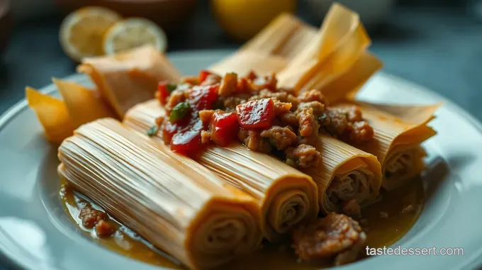 Traditional Hispanic Tamales with Pork and Red Chili Sauce