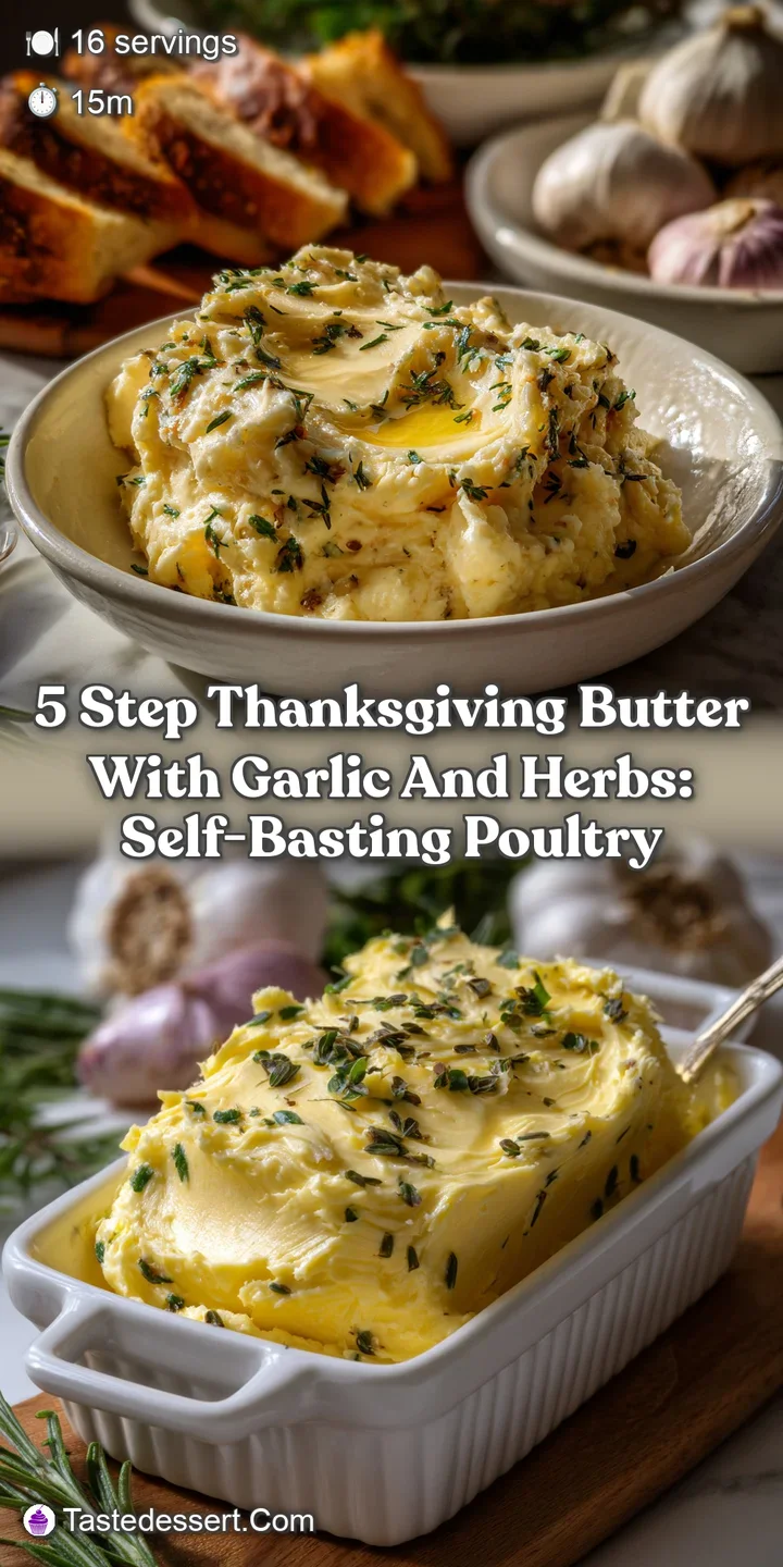 Close-up of bubbling, herb-infused butter melting over a roasting turkey. Colors of amber, green, and gold create an invit...