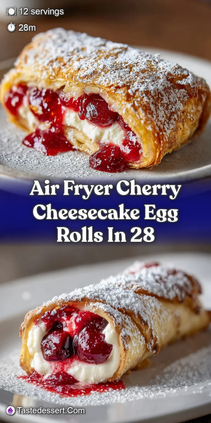 Close-up shot of a glistening cherry cheesecake egg roll, showcasing its flaky crust and sweet, bright-red cherry filling.