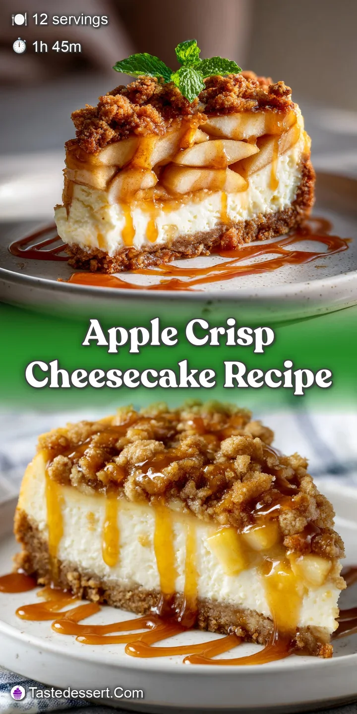Close-up of apple crisp cheesecake. Crumbly topping, soft cooked apples and decadent cream cheese filling blend beautifully.