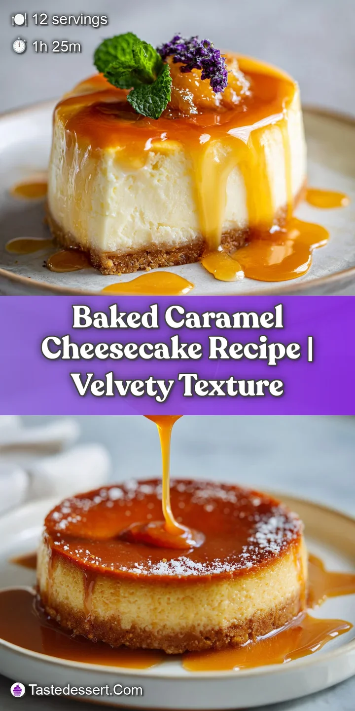 Close-up of a baked caramel cheesecake; rich color and creamy texture. Hints of salt and sweetness. A perfect dessert!