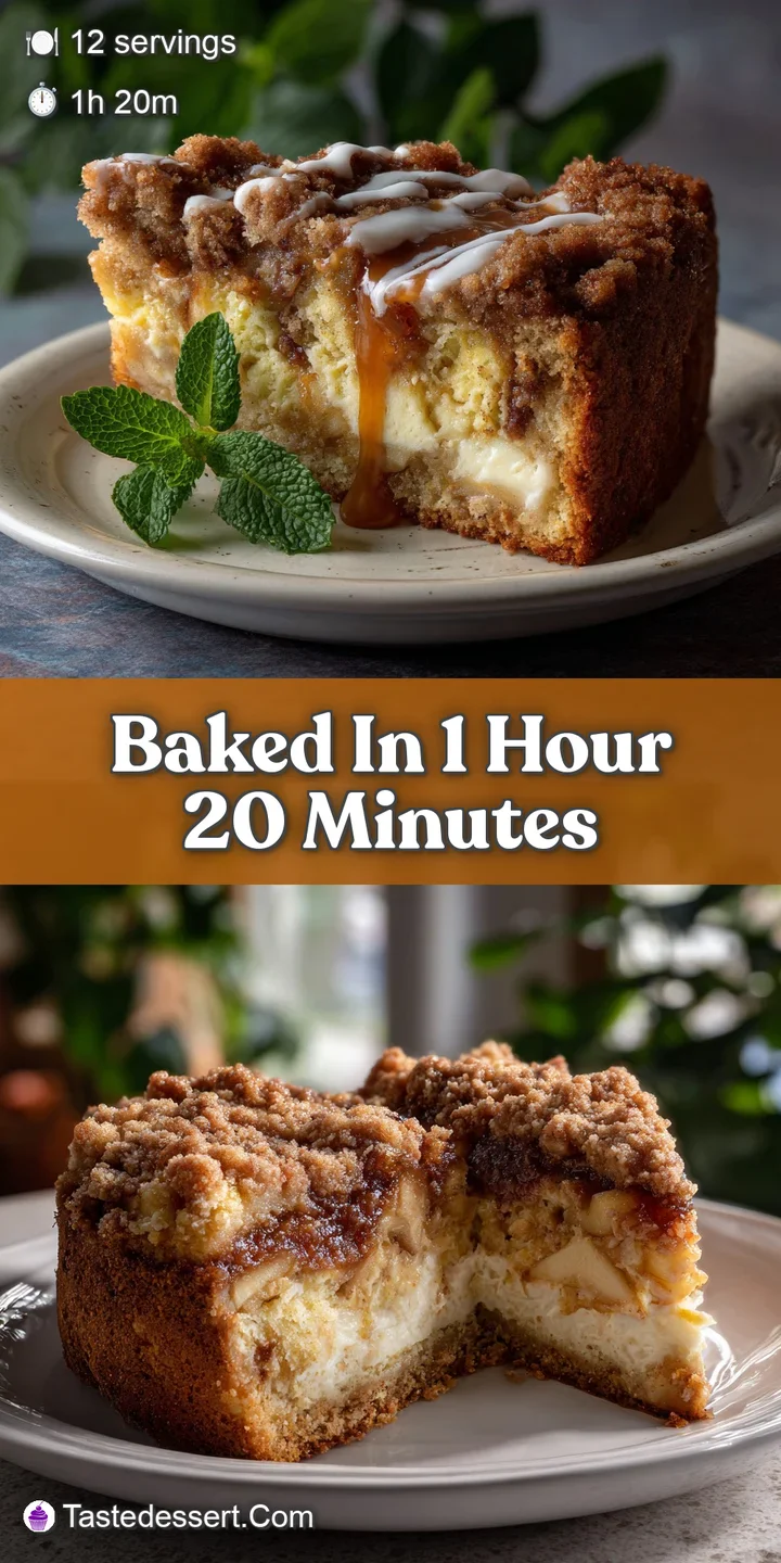 Close-up of a delectable apple coffee cake, highlighting the cinnamon streusel and creamy pockets, with warm, inviting col...