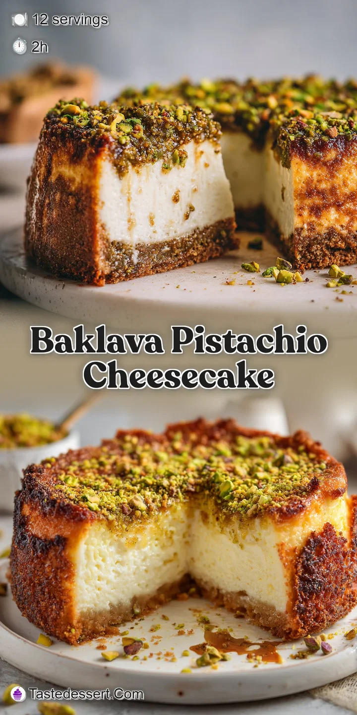 Close-up reveals the layers of flaky phyllo, creamy cheesecake, and chopped green pistachios. Honey glazes the top with ap...