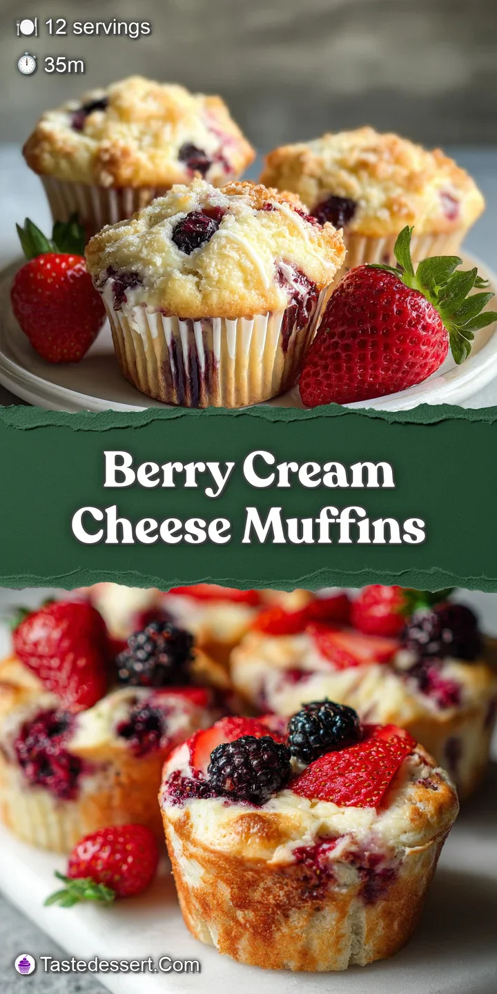 Close-up of a plump berry muffin, bursting with ripe berries & a smooth, decadent cream cheese swirl on top, inviting bake.